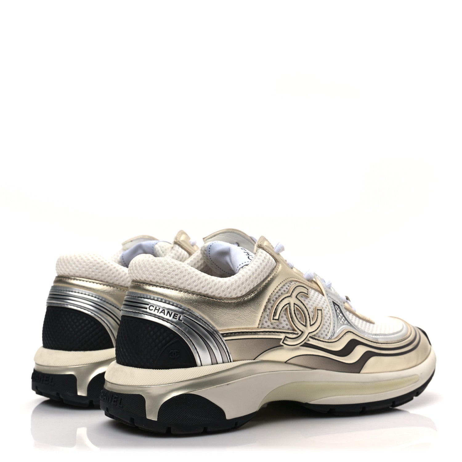 Chanel Fabric Laminated Calfskin Stretch CC Sneakers 38 White Gold Silver 4 of 7