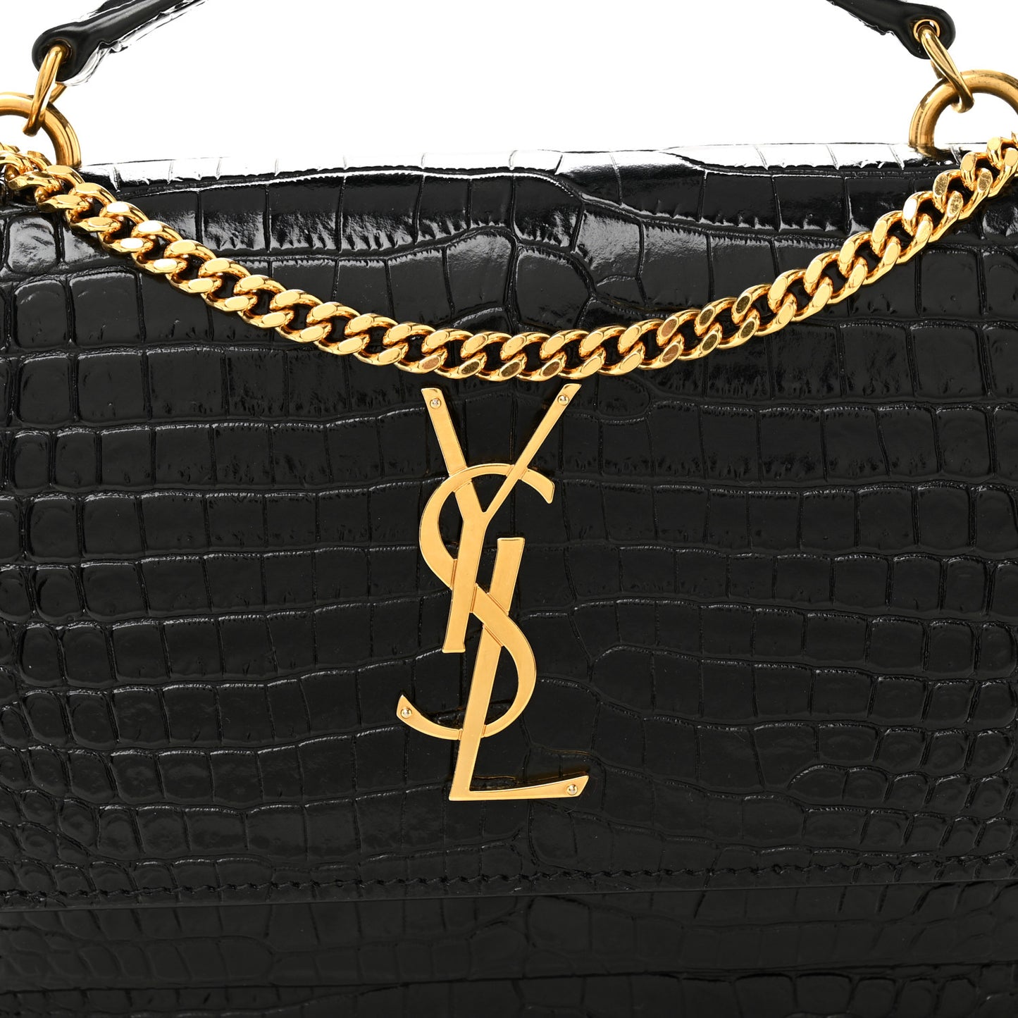 Calfskin Crocodile Embossed Monogram Sunset Top Handle Chain Wallet Black