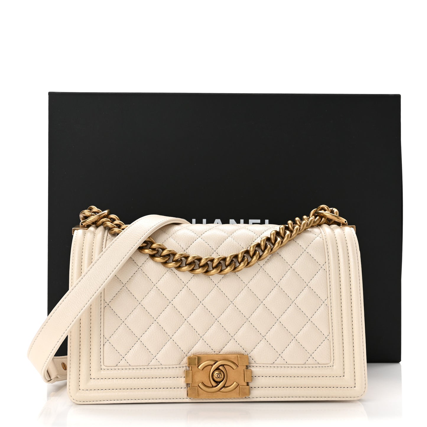 Metallic Calfskin Quilted Medium Boy Flap Ivory