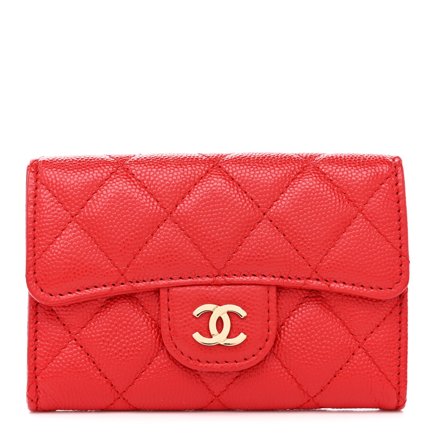 Caviar Quilted Flap Card Holder Wallet Red