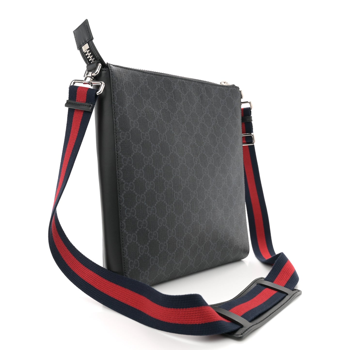 GG Supreme Monogram Appia Calfskin Web Flat Messenger Bag Black Grey