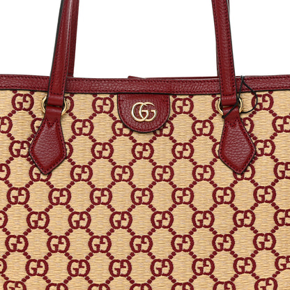 Gucci Straw Jacquard Dollar Calfskin GG Monogram Medium Ophidia Shopping Tote Natural New Cherry Red 8 of 10