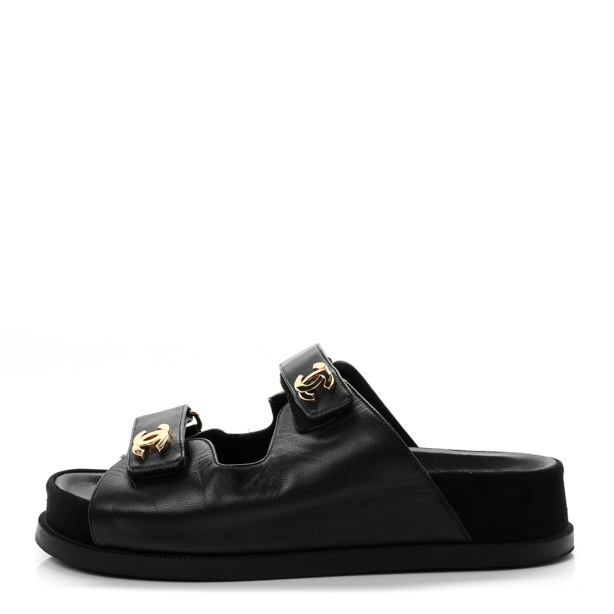 Lambskin Velcro Dad Chain CC Slide Sandals 38.5 Black