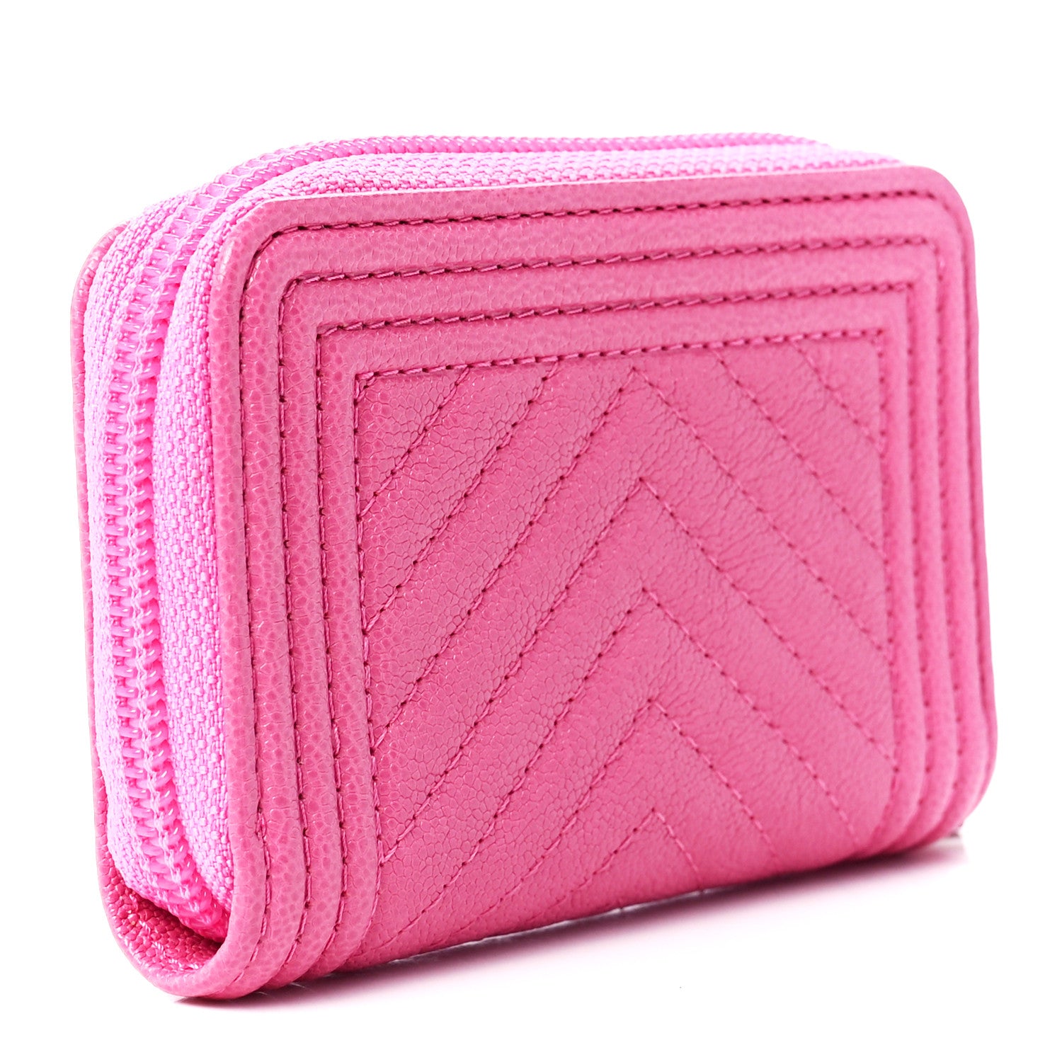 Chanel Caviar Chevron Quilted Boy Zip Around Coin Purse Wallet Pink 3 of 12