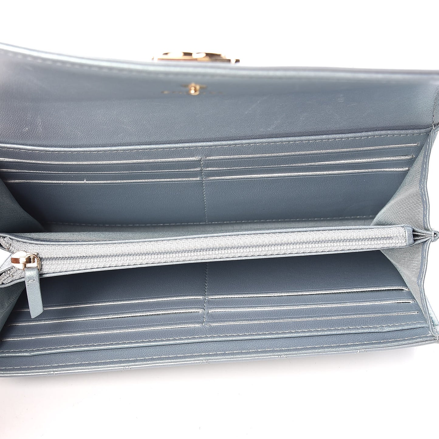 Metallic Patent Calfskin Quilted Boy Flat Wallet Light Blue