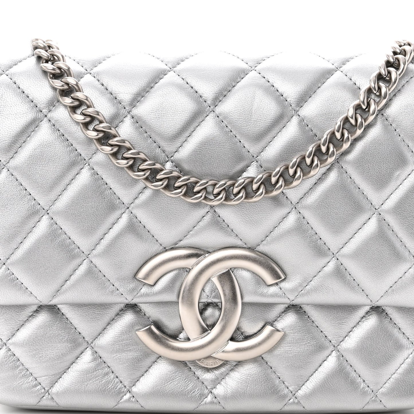 Metallic Lambskin Quilted Mini Maxi CC Flap Argent