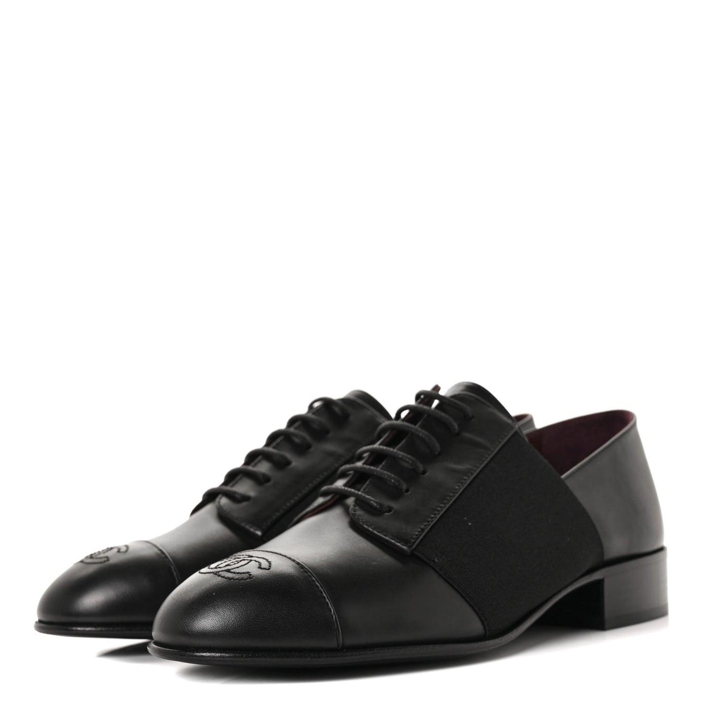 Calfskin Elastic Lace Up Cap Toe CC Loafers 36 Black