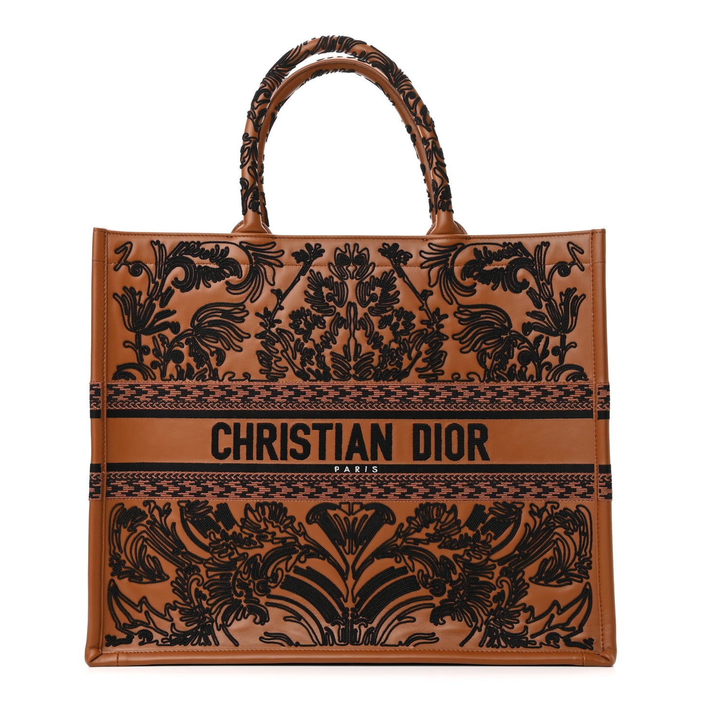 Calfskin Cornely-Effect Embroidery Large Book Tote Brown Black