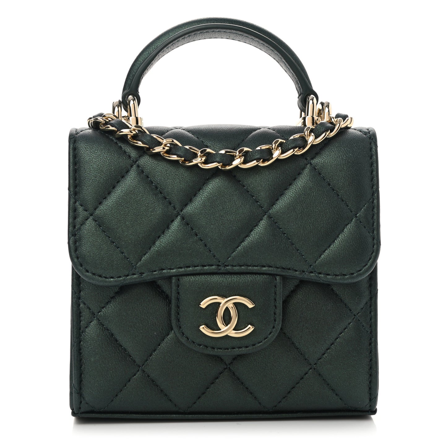 Iridescent Lambskin Quilted Top Handle Flap Clutch With Chain Dark Green
