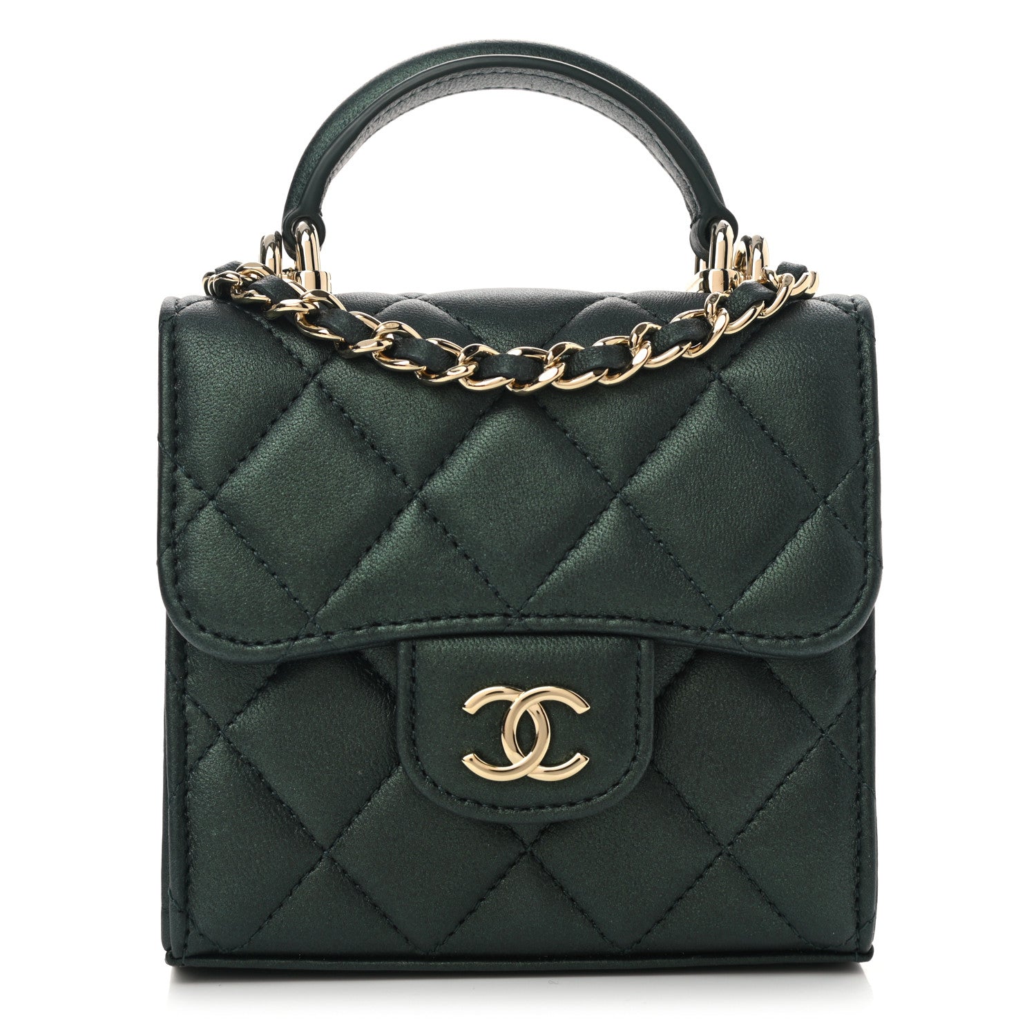 Chanel Iridescent Lambskin Quilted Top Handle Flap Clutch With Chain Dark Green 1 of 9