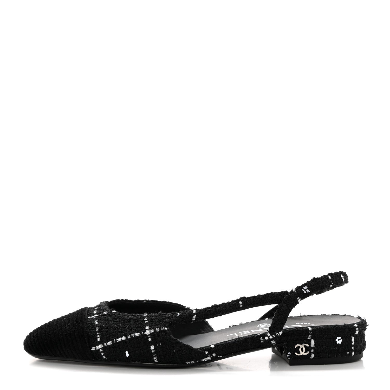 Chanel Tweed Sequins Corduroy Cap Toe CC Slingback Flats 37 Black White 1 of 10