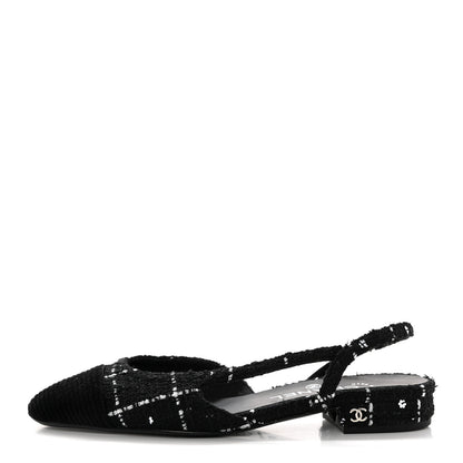 Chanel Tweed Sequins Corduroy Cap Toe CC Slingback Flats 37 Black White 1 of 10