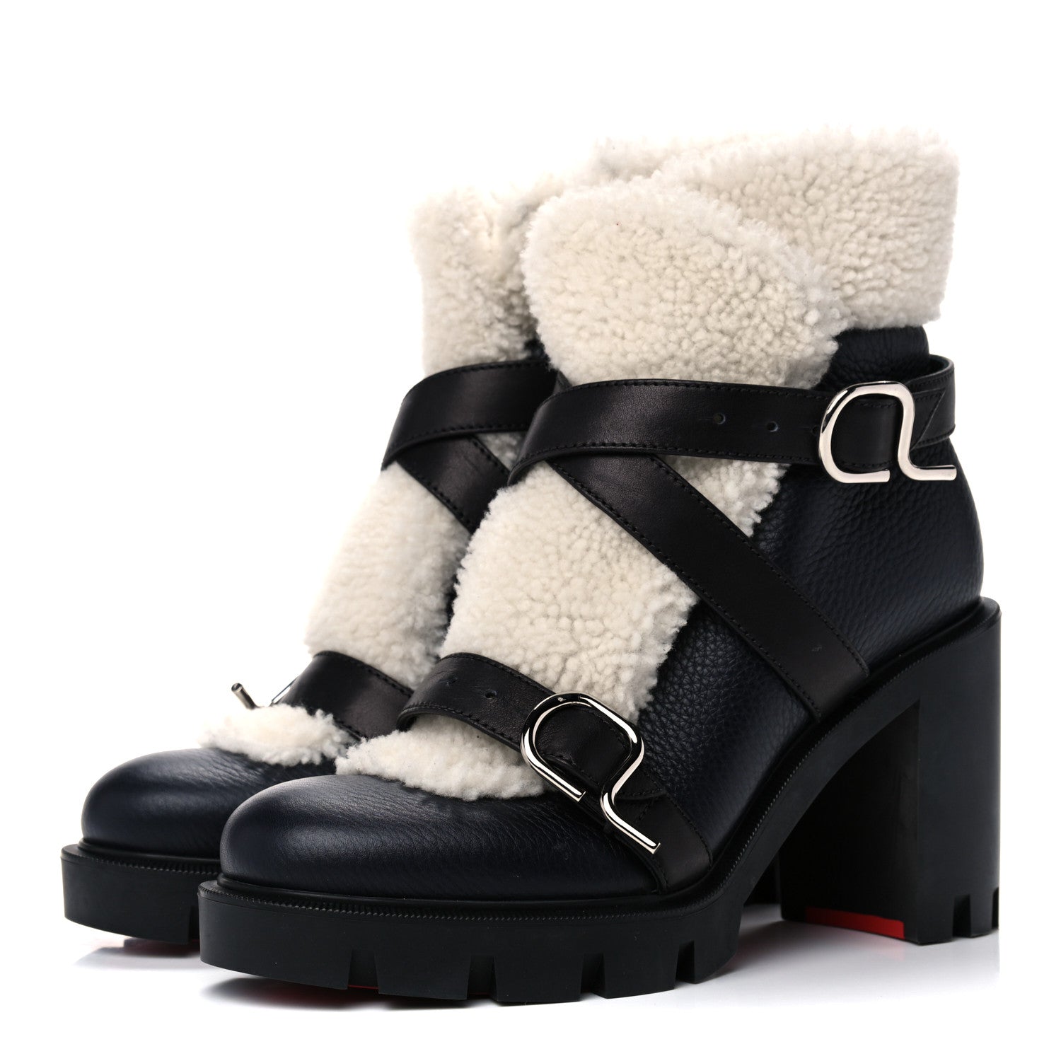 Christian Louboutin Calfskin Shearling Pole Chic 70 Booties 37.5 Nocturne Natural 3 of 10