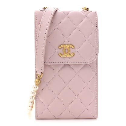 Chanel Lambskin Quilted Pearl Phone Holder With Chain Pink 1 of 11