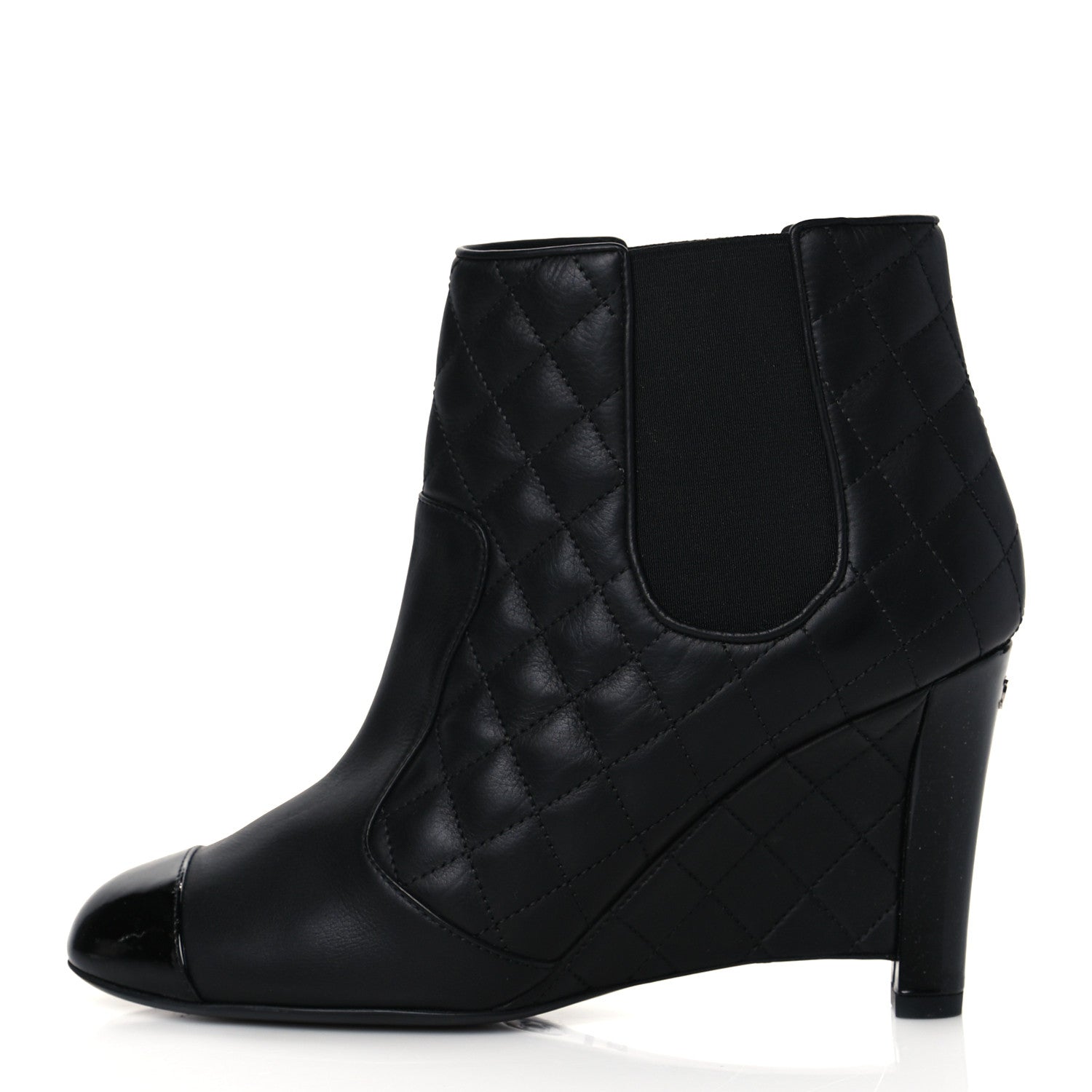 Chanel Lambskin Patent Quilted Wedge Ankle Boots 39.5 Black 1 of 8