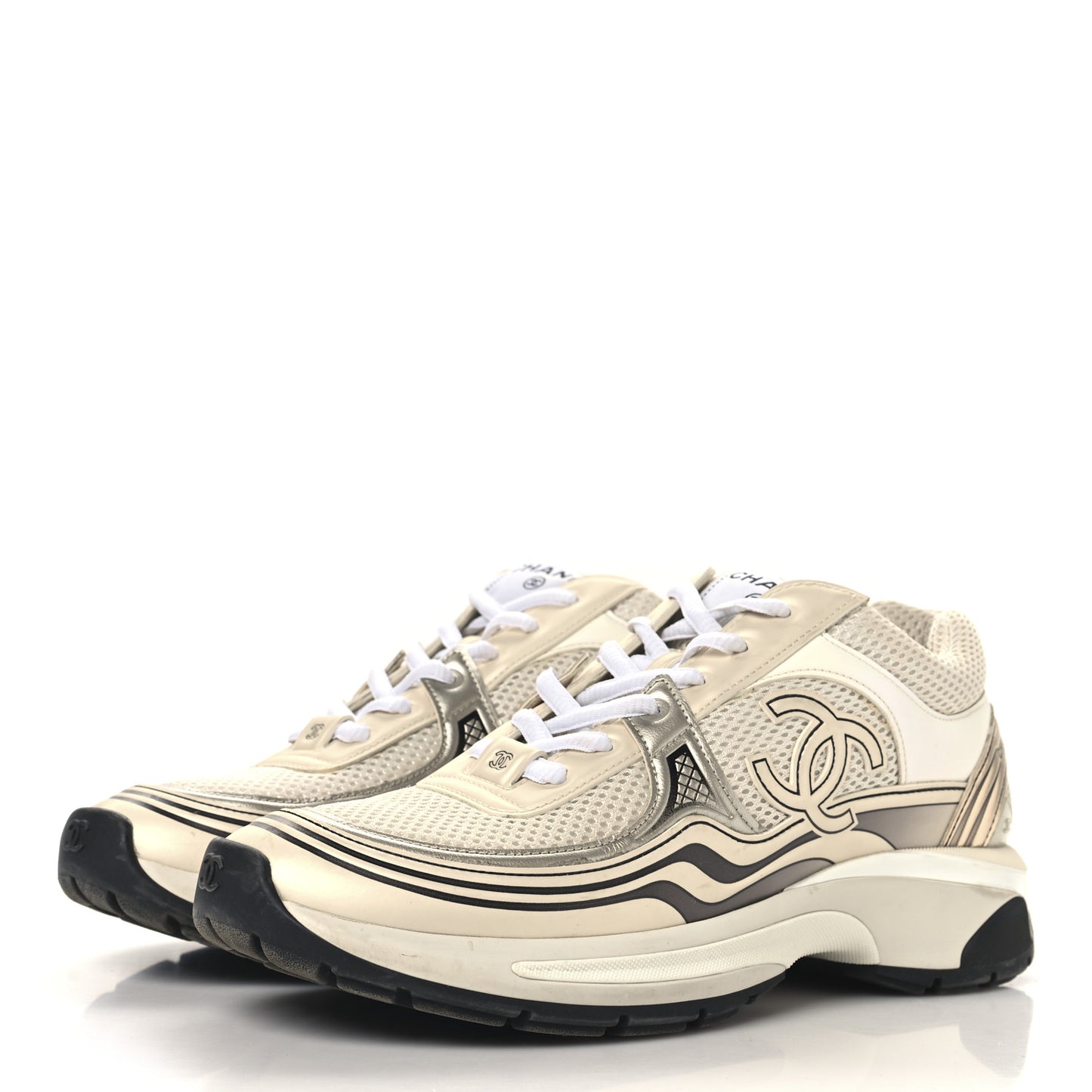Fabric Laminated Calfskin Stretch CC Womens Sneakers 38 White Gold Silver