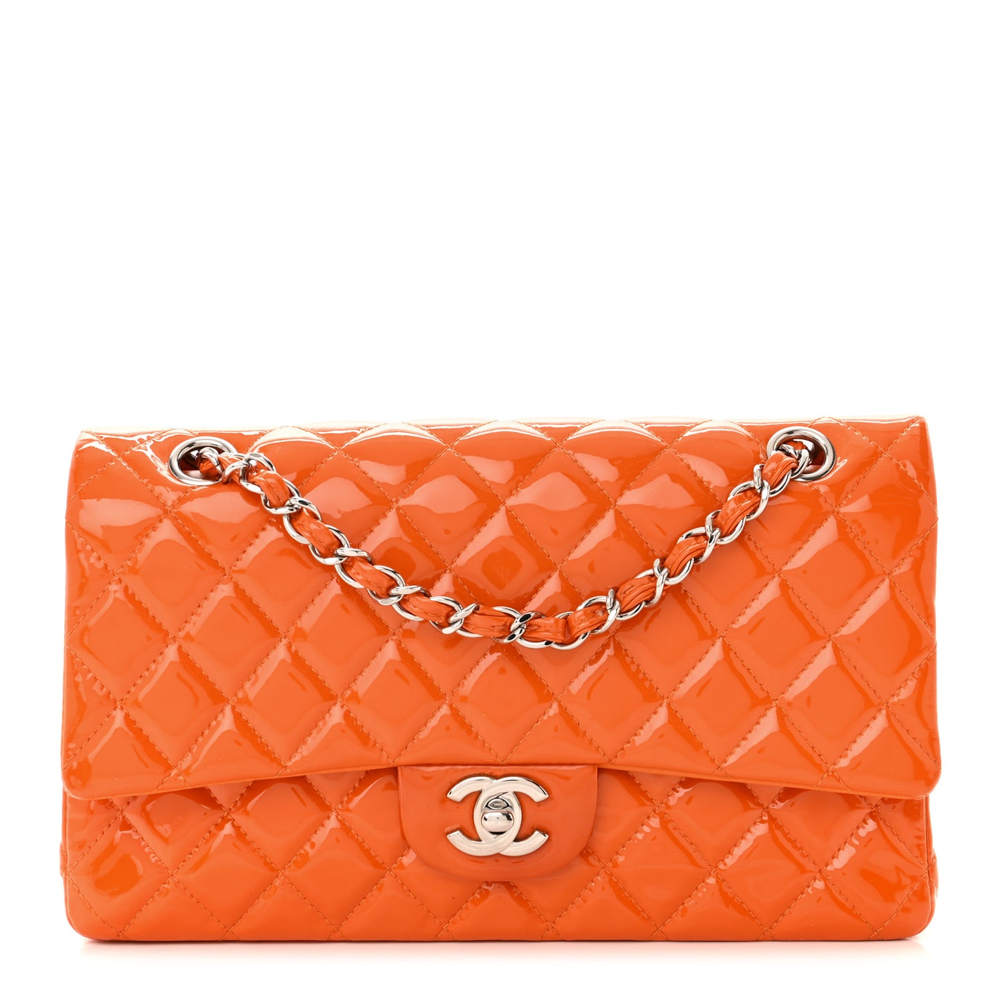 Patent Quilted Medium Double Flap Orange