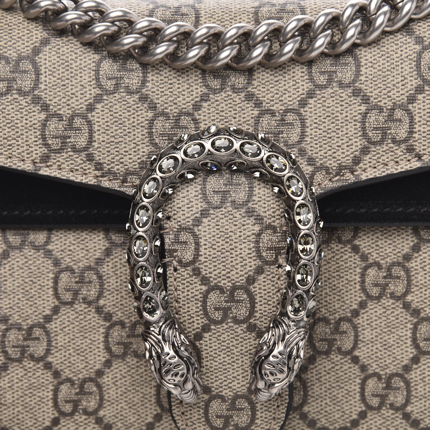GG Supreme Monogram Suede Crystal Small Dionysus Shoulder Bag Beige Ebony Black