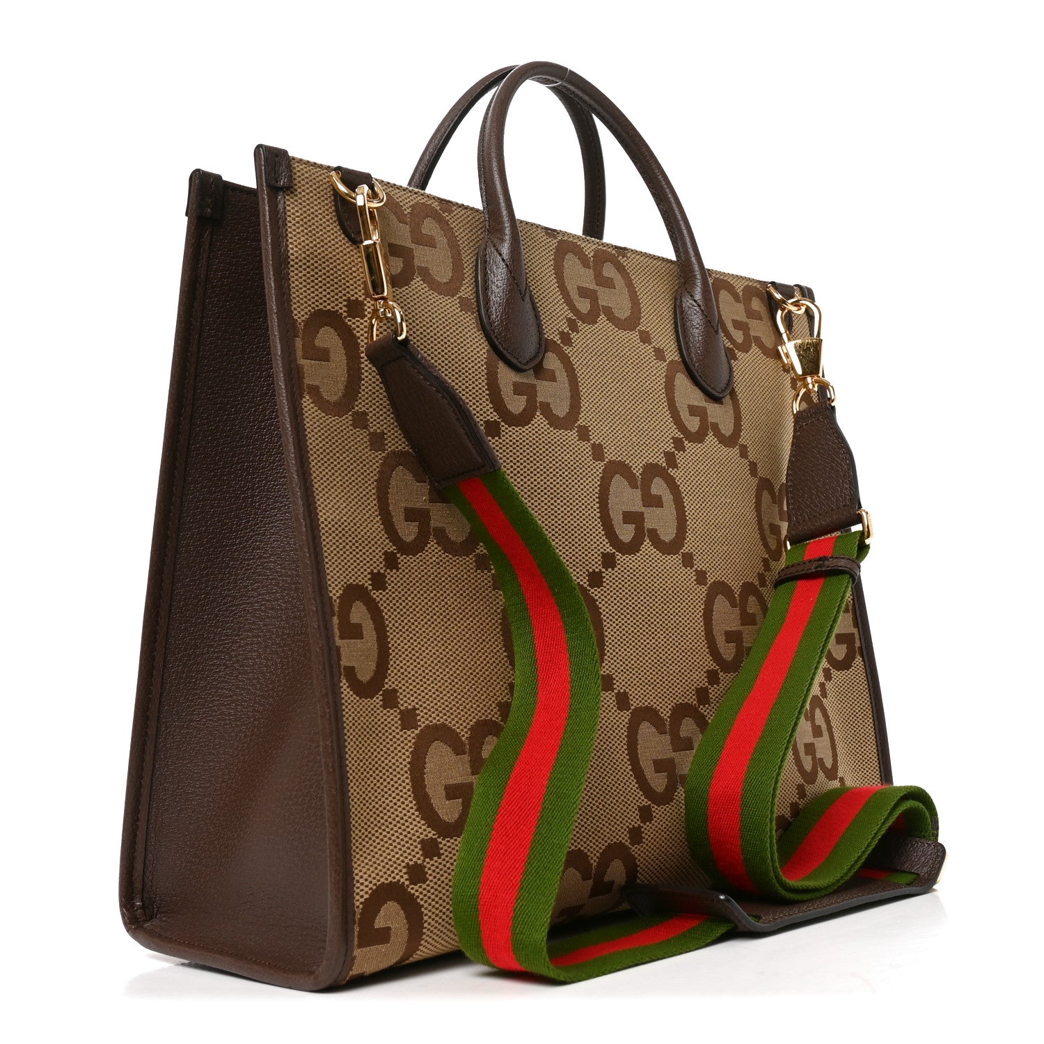 Gucci Monogram Jumbo GG Textured Dollar Calfskin Web Tote Bag Camel Ebony New Acero 3 of 10