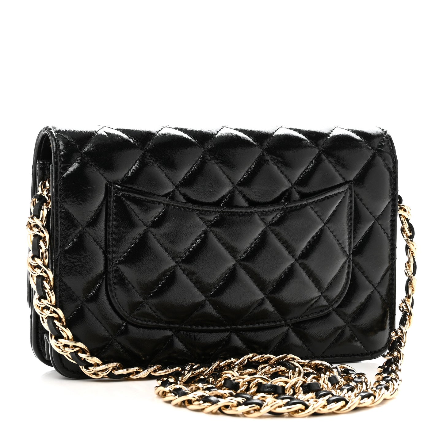 Shiny Lambskin Quilted Golden Links Wallet On Chain WOC Black