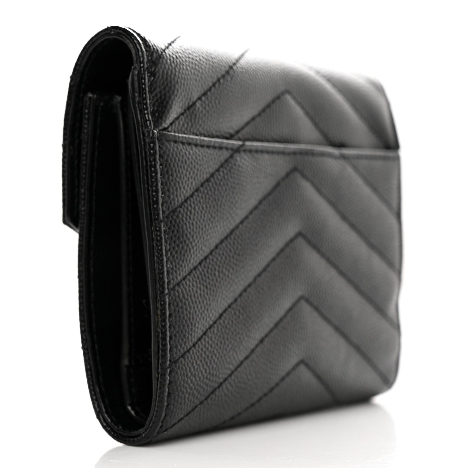 Saint Laurent Grain De Poudre Matelasse Chevron Monogram Compact Tri Fold Wallet Black 3 of 10
