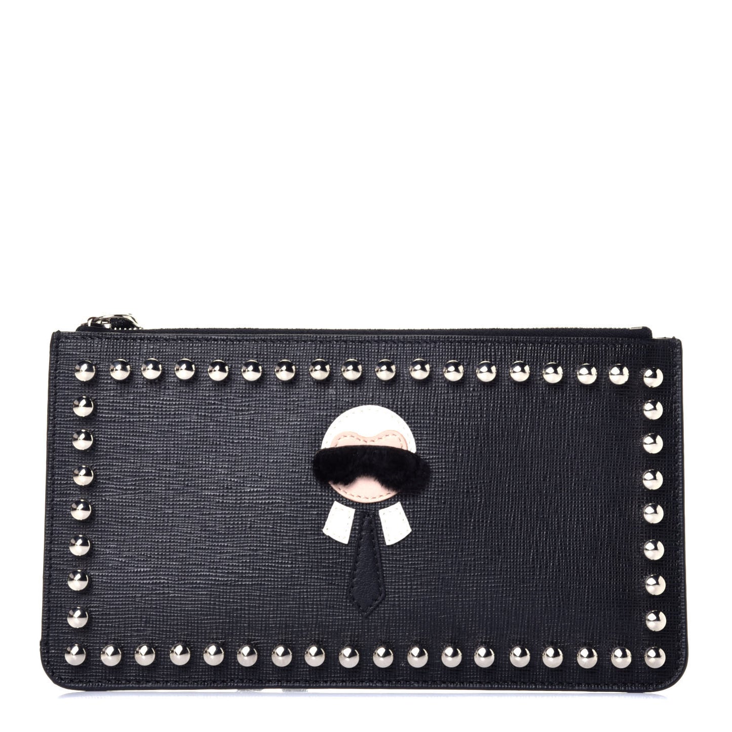 Vitello Elite Mink Fur Studded Karlito Zip Pouch Black