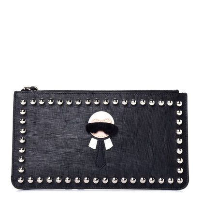 Fendi Vitello Elite Mink Fur Studded Karlito Zip Pouch Black 1 of 9