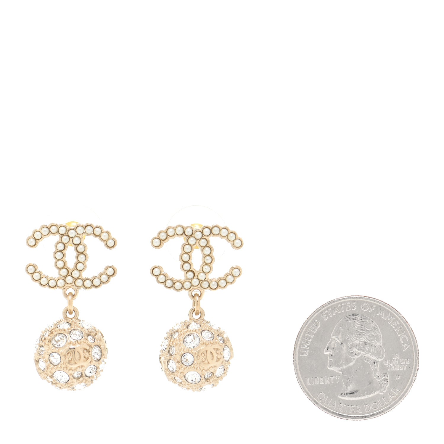 Chanel Crystal Pearl CC Drop Earrings Gold Pearly White 2 of 5