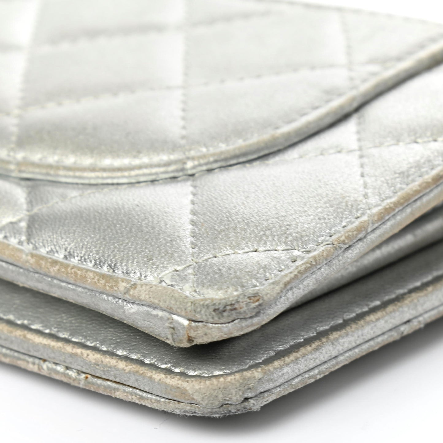 Metallic Lambskin Quilted Yen Wallet Silver