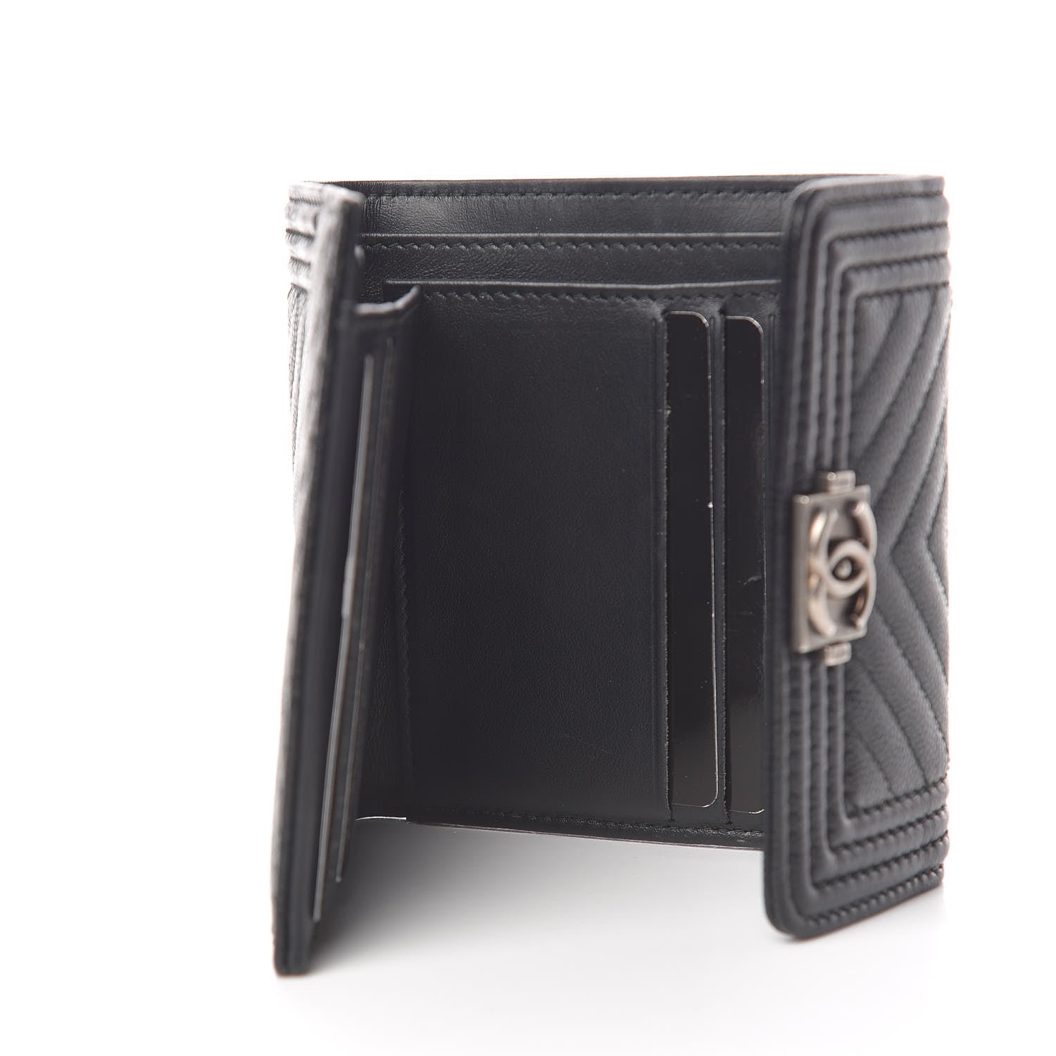 Chanel Caviar Chevron Quilted Boy Compact Wallet Black 5 of 9