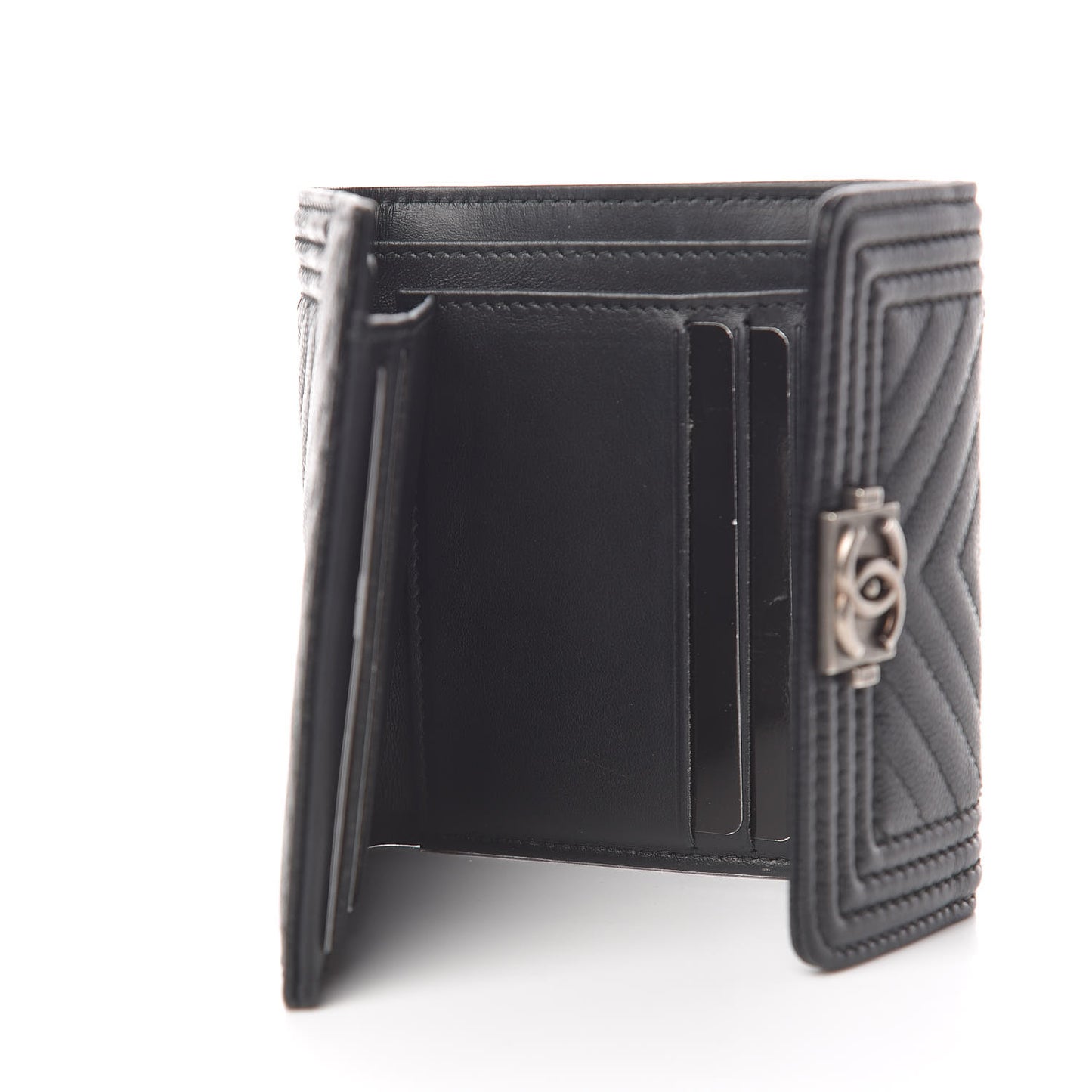 Caviar Chevron Quilted Boy Compact Wallet Black
