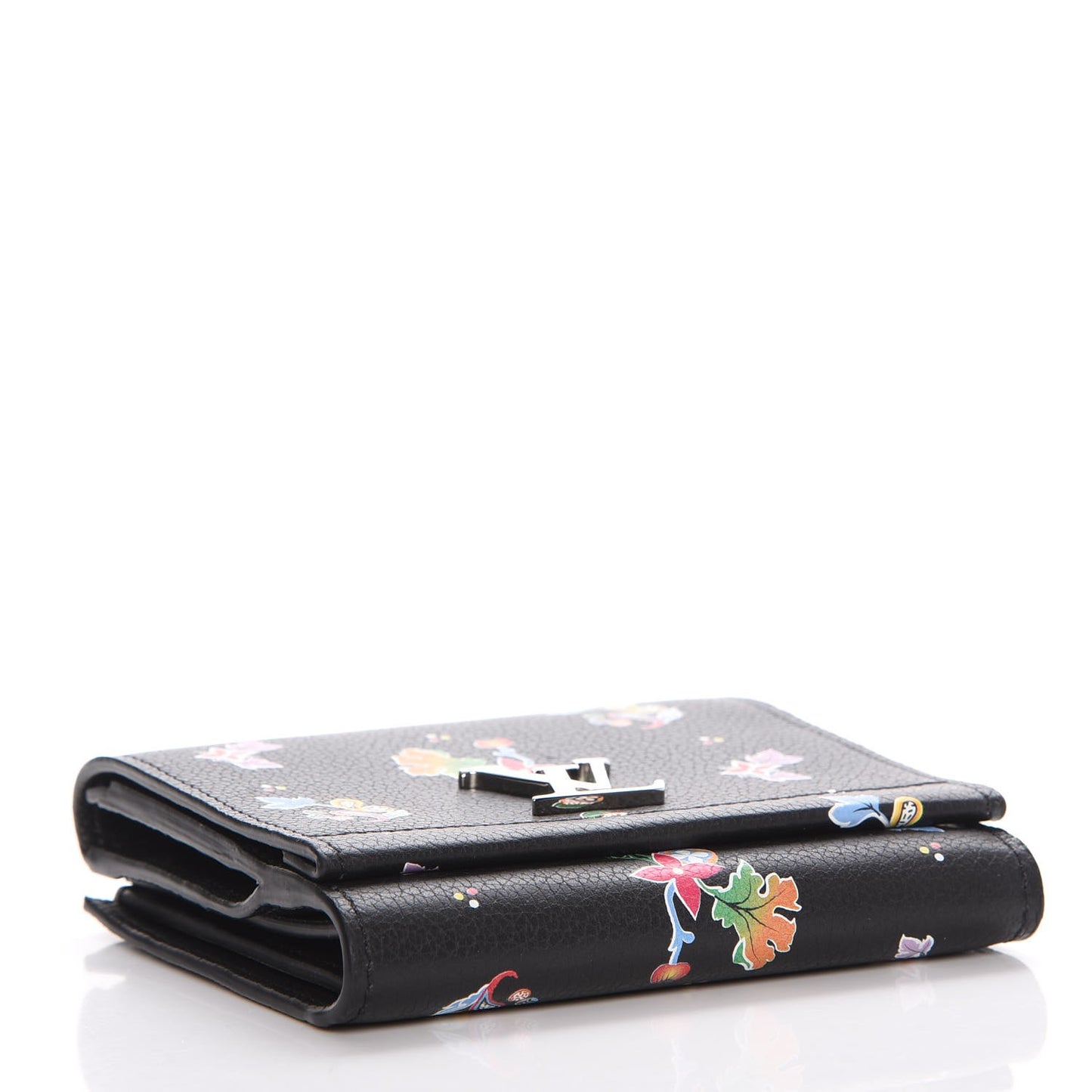Calfskin LockMe II Floral Compact Wallet Black