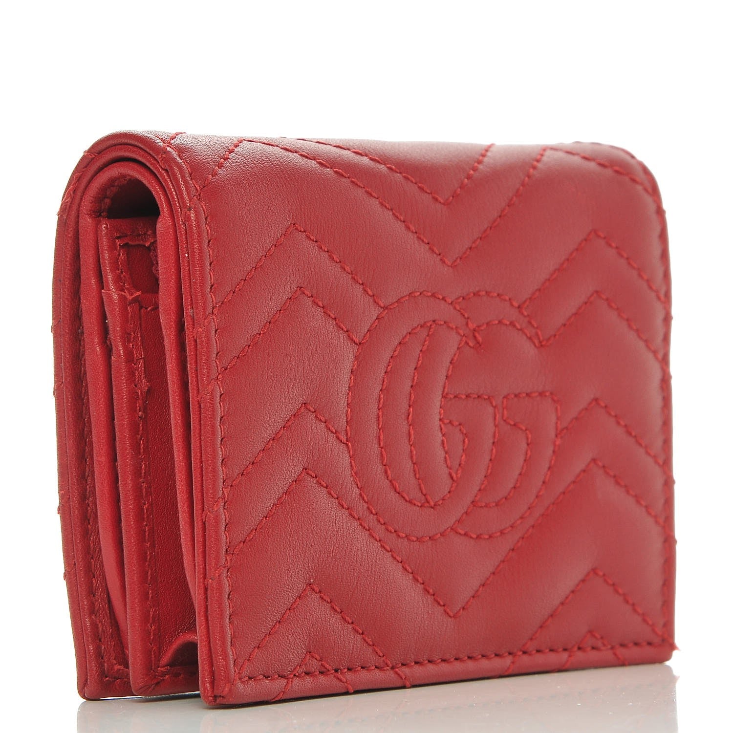 Gucci Calfskin Matelasse GG Marmont Card Case Wallet Hibiscus Red 3 of 9