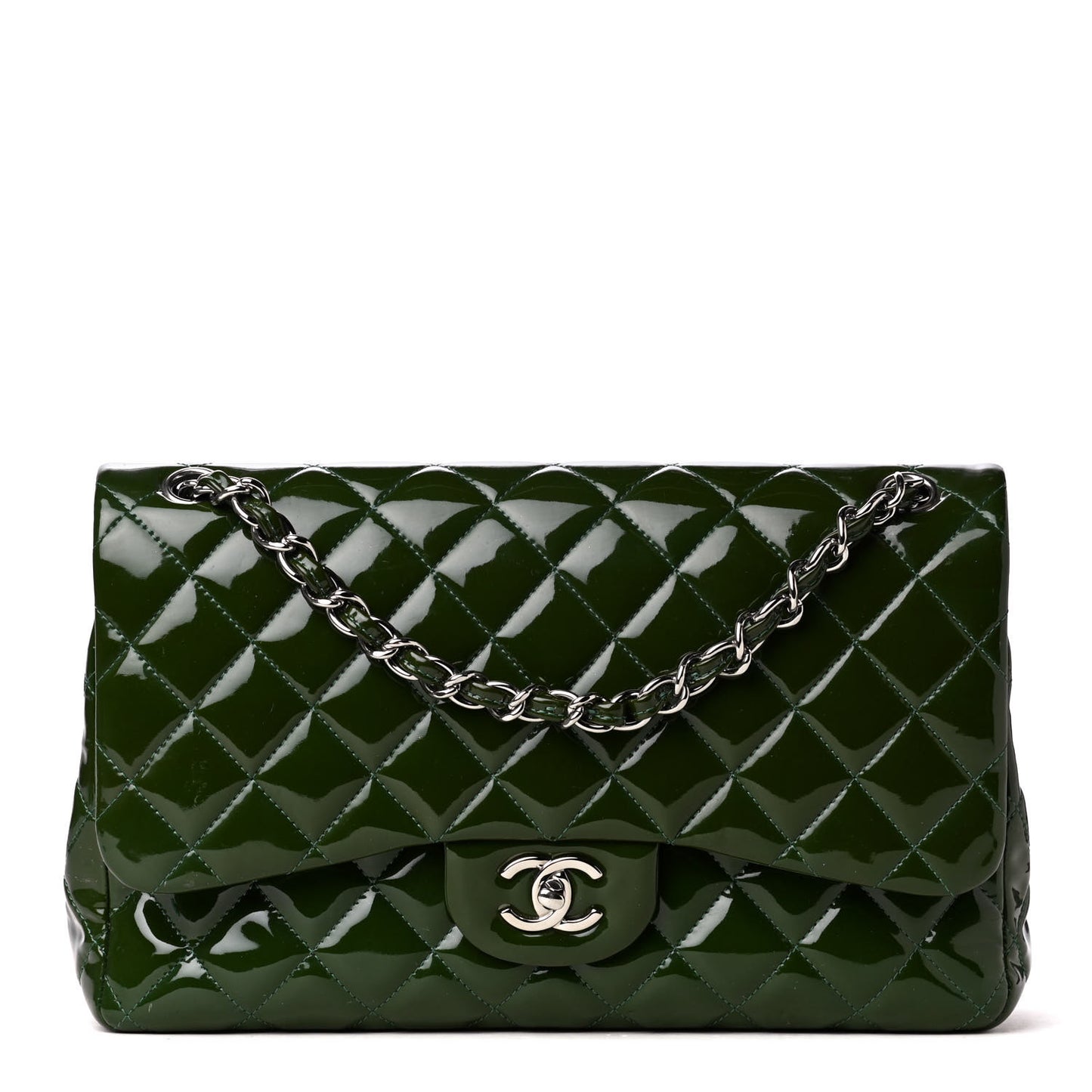 Patent Calfskin Quilted Jumbo Double Flap Green