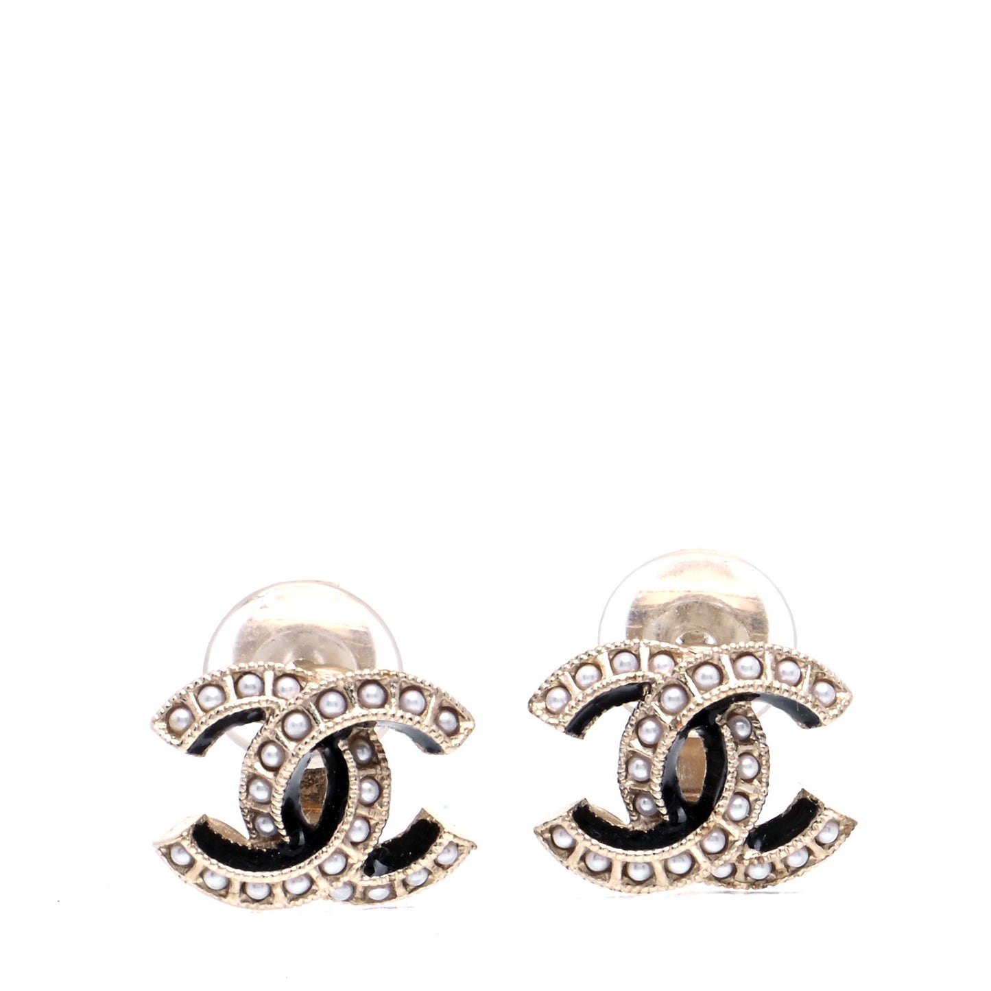 Enamel Pearl CC Clip On Earrings Light Gold Black