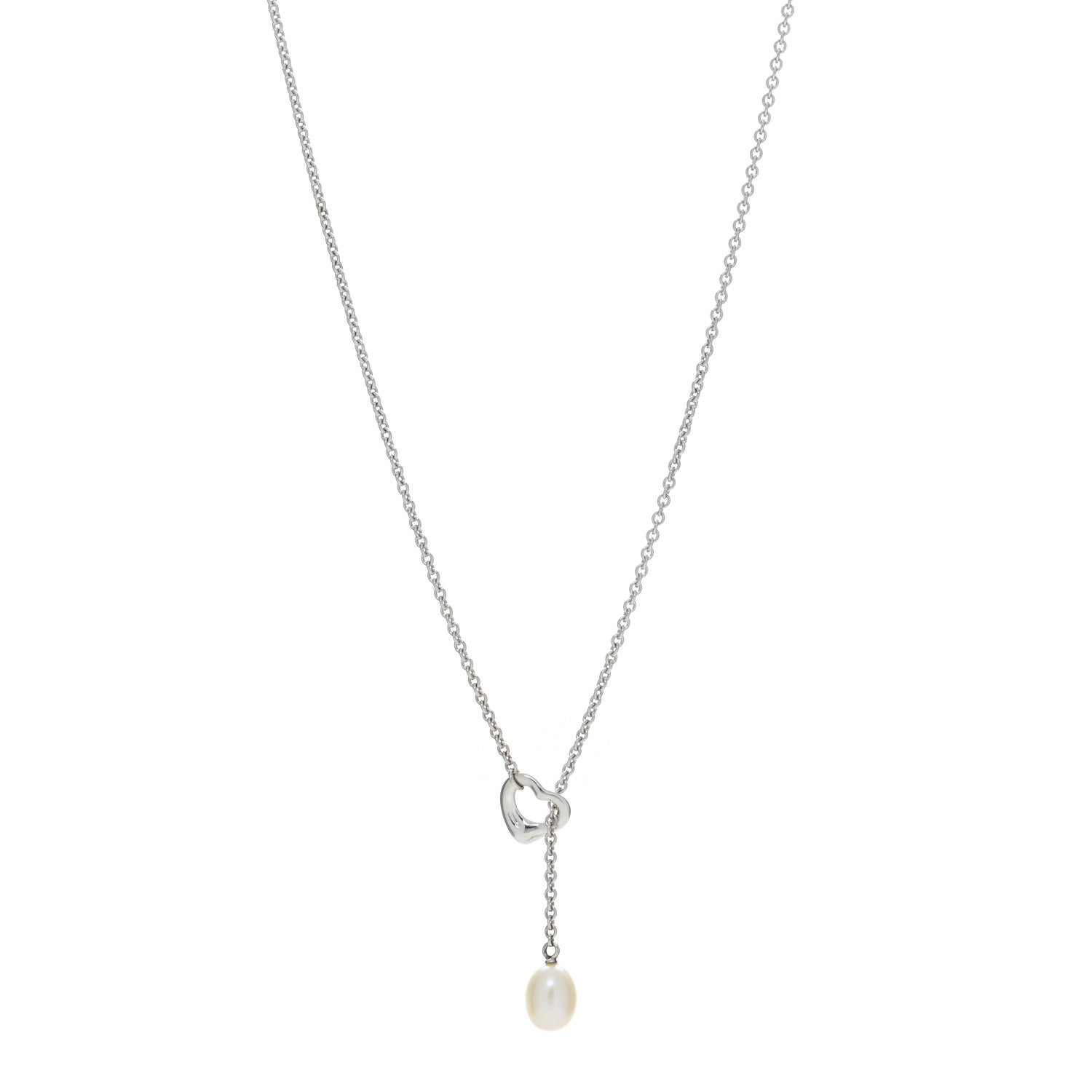 Tiffany Sterling Silver Pearl 7.5-8mm Elsa Peretti Open Heart Lariat Necklace 1 of 4