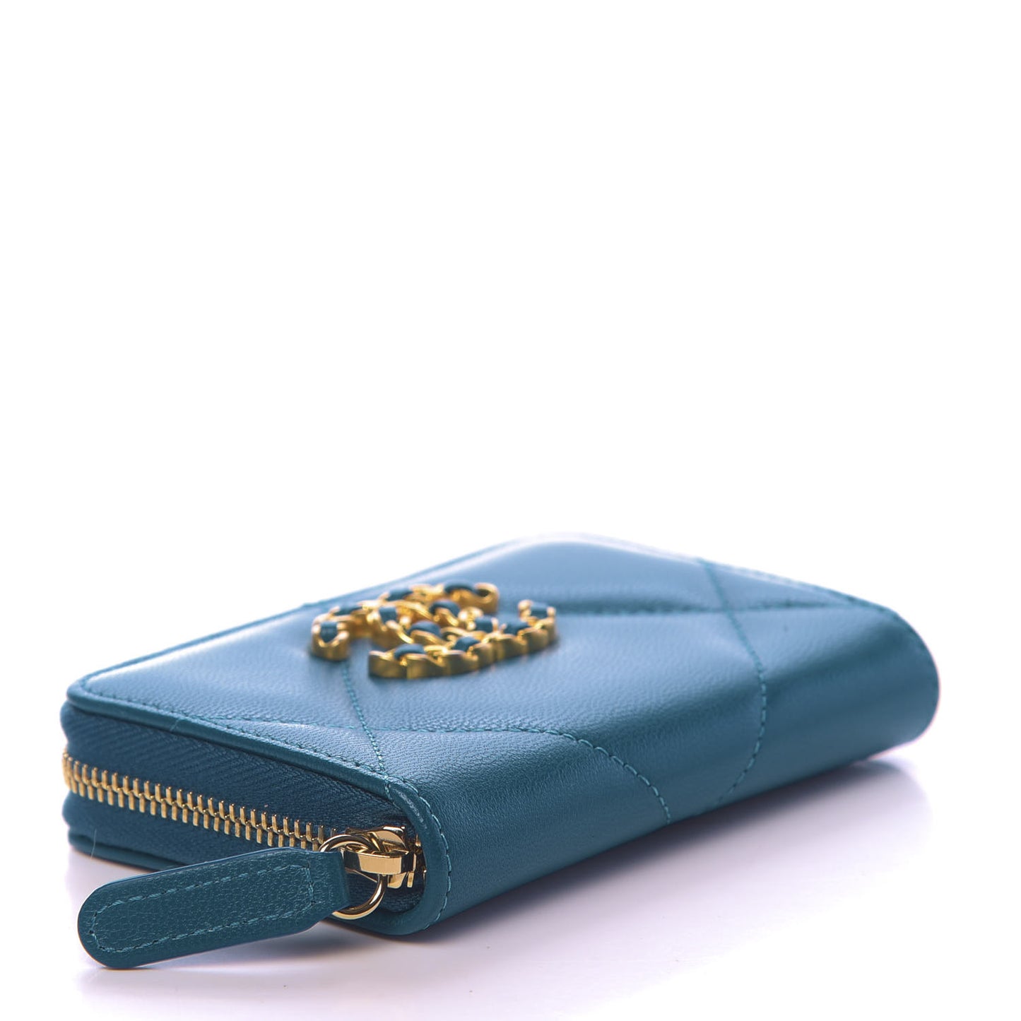 Lambskin Quilted Chanel 19 Zip Around Coin Purse Wallet Turquoise
