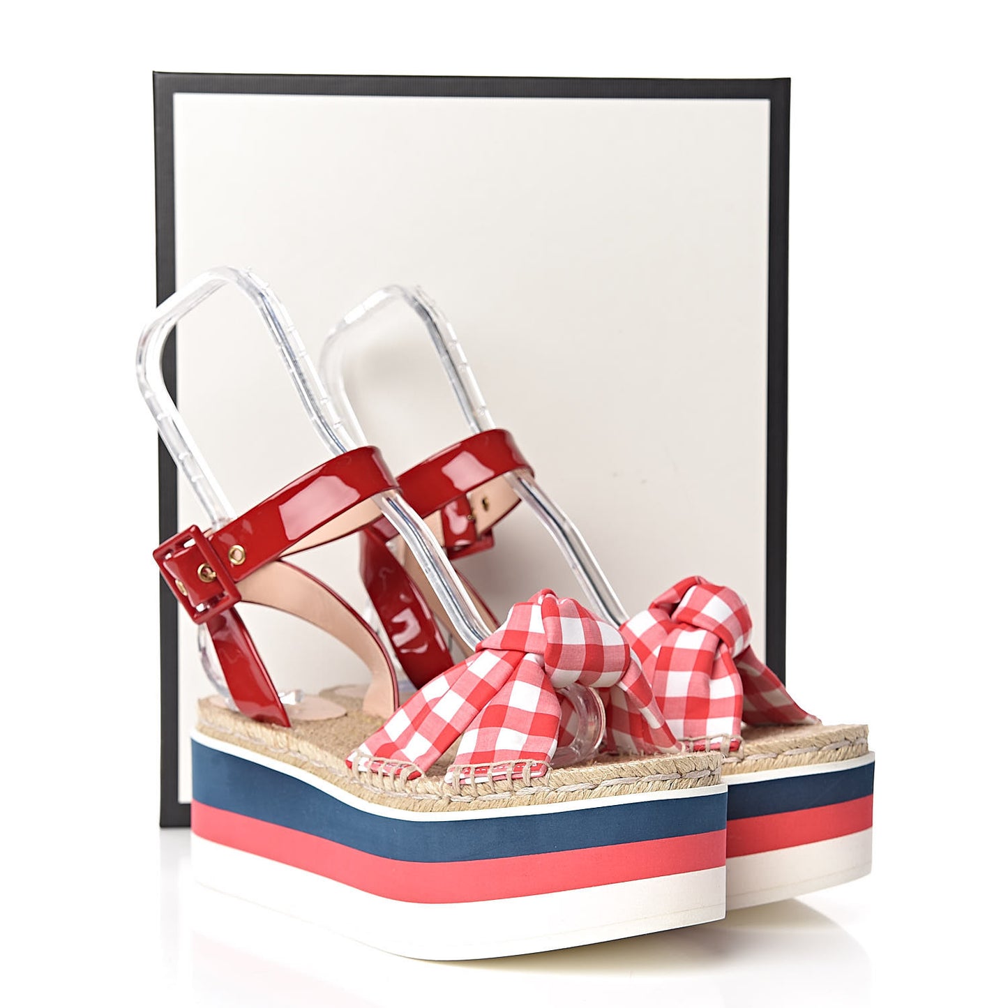 Patent Cotton Gingham Sefir Espadrille Platform Sandals 39.5 Red White