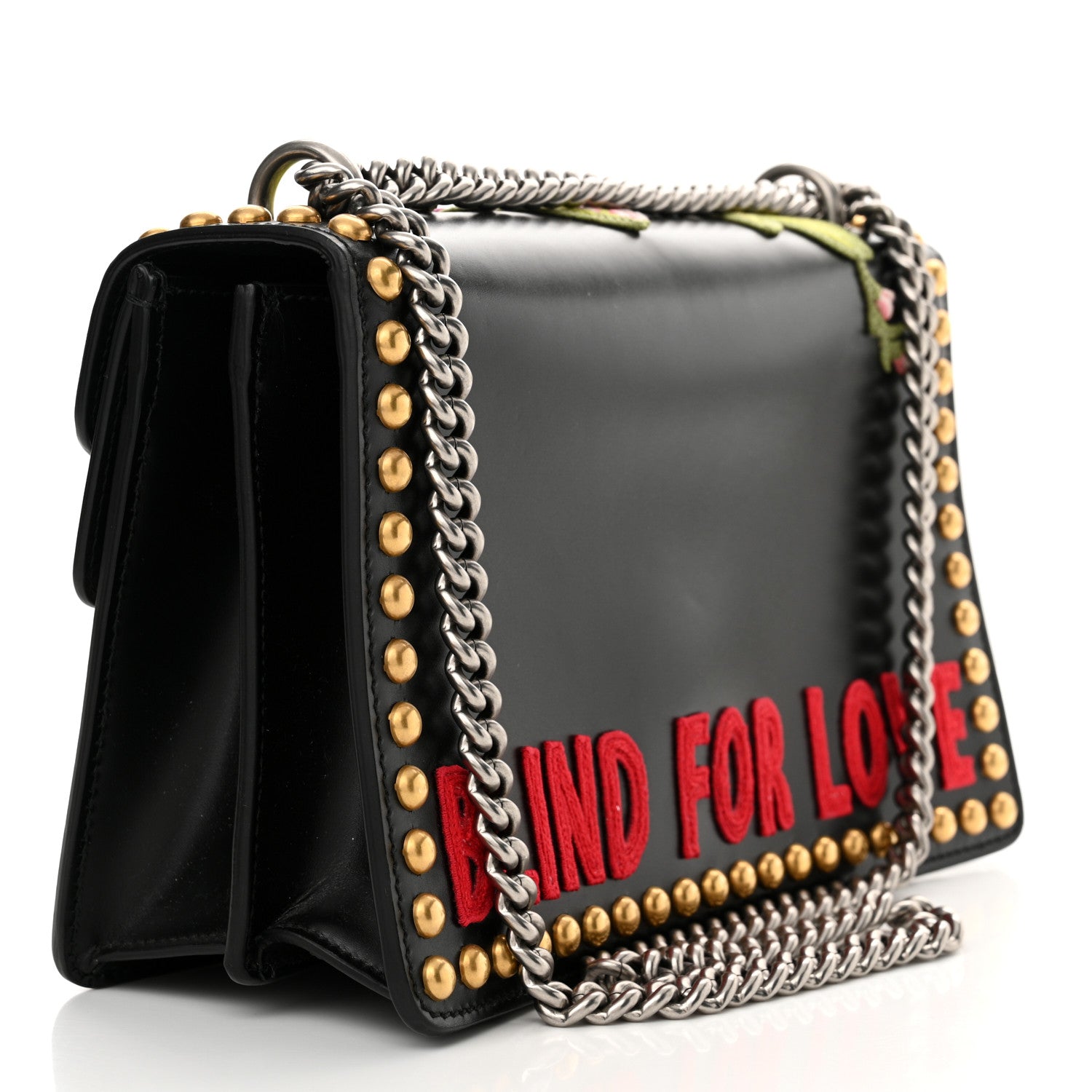 Gucci Calfskin Floral Embroidered Studded Small Dionysus Shoulder Bag Black 3 of 12