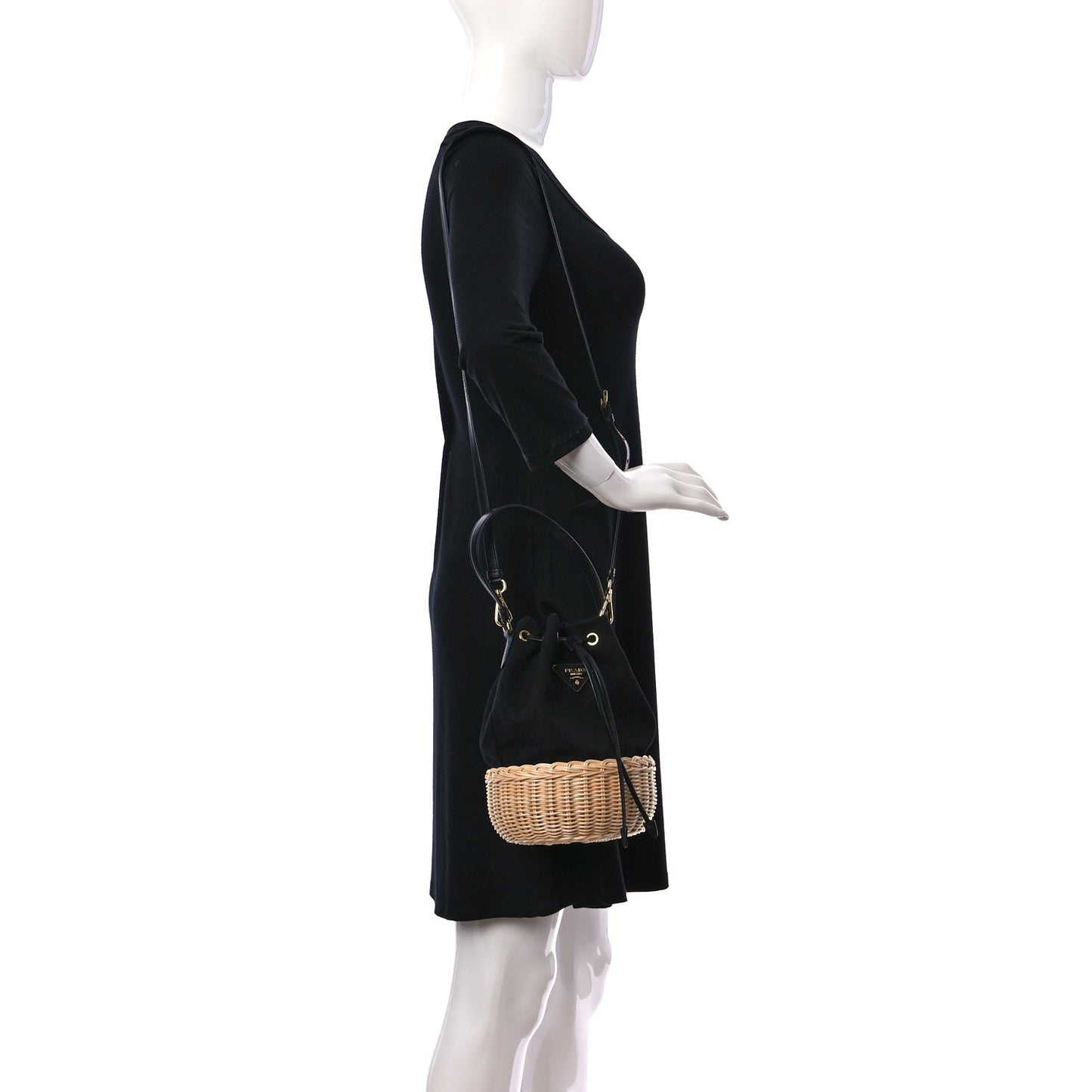 Wicker Canvas Bucket Bag Black