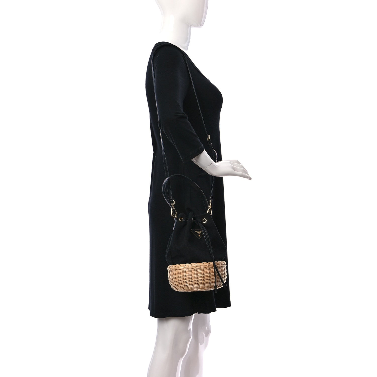 Prada Wicker Canvas Bucket Bag Black 2 of 8