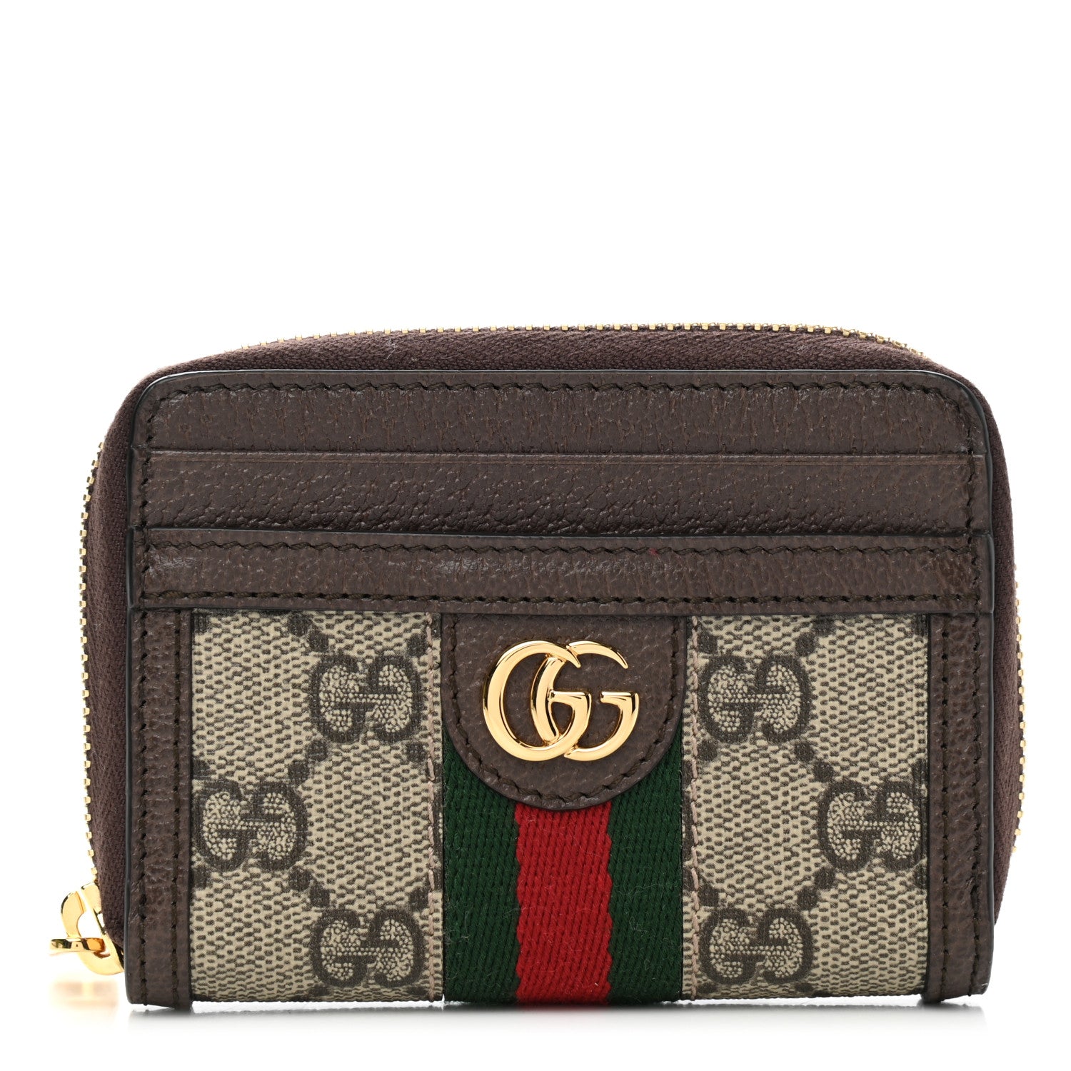 Gucci GG Supreme Monogram Textured Dollar Calfskin Web Ophidia Zip Around Card Case Wallet Beige Ebony New Acero 1 of 8