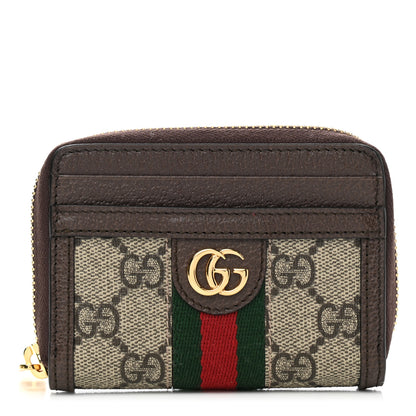 Gucci GG Supreme Monogram Textured Dollar Calfskin Web Ophidia Zip Around Card Case Wallet Beige Ebony New Acero 1 of 8