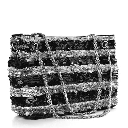 Chanel Sequin Striped Mademoiselle Tote Black Silver 3 of 9
