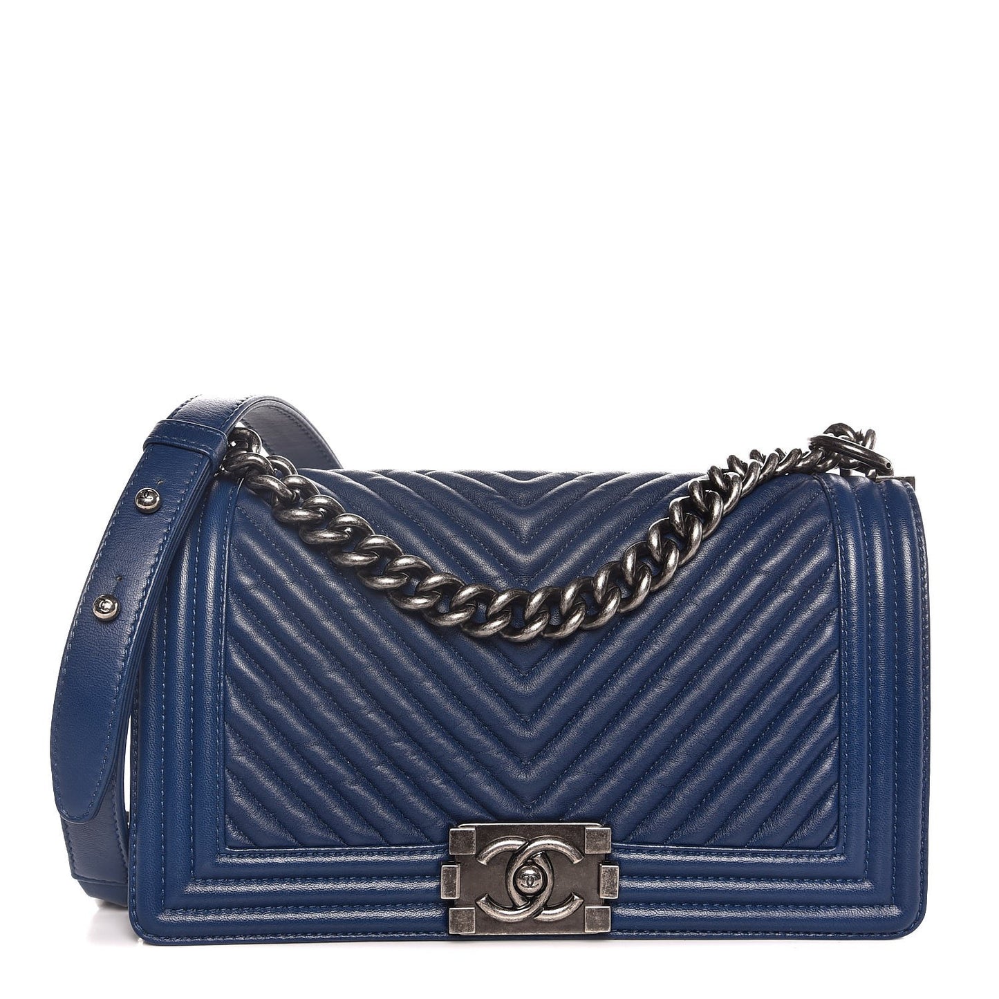 Wrinkled Lambskin Chevron Quilted Medium Boy Flap Navy