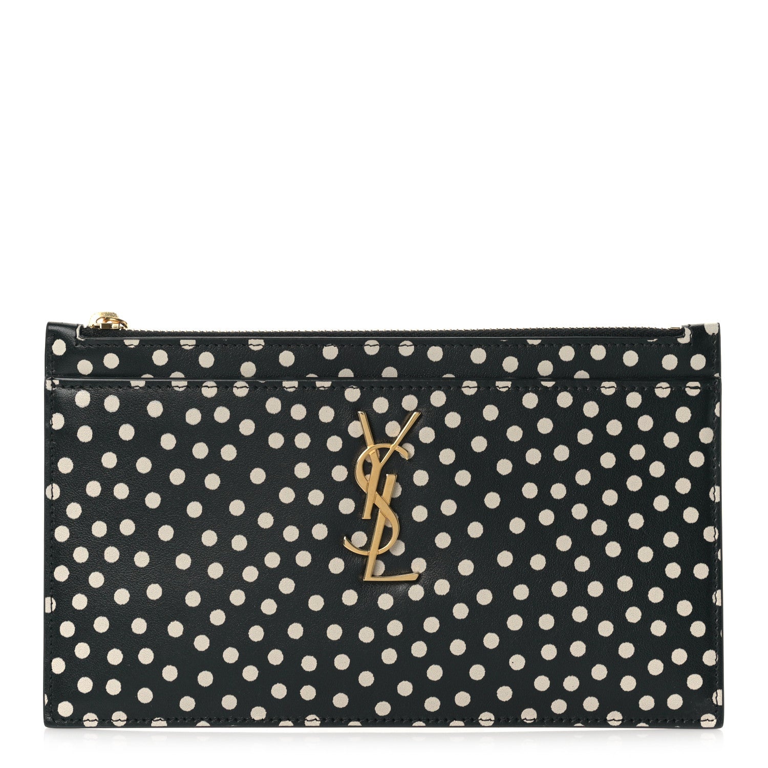 Saint Laurent Calfskin Polka Dot Monogram Zip Bill Pouch Black White 1 of 9
