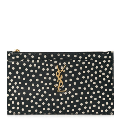 Saint Laurent Calfskin Polka Dot Monogram Zip Bill Pouch Black White 1 of 9