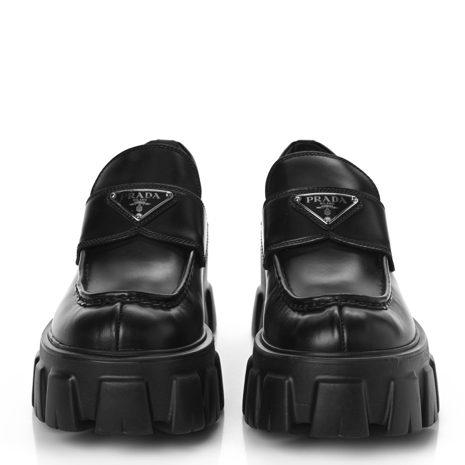 Prada Spazzolato Rois Metal Triangle Logo Monolith 55mm Loafers 37.5 Black 2 of 9