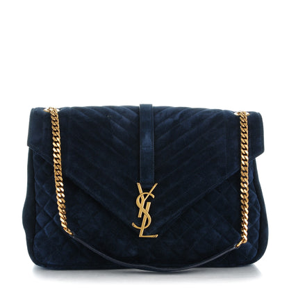 Saint Laurent Suede Mixed Matelasse Triquilt Large Monogram Envelope Satchel Navy Blue 1 of 8
