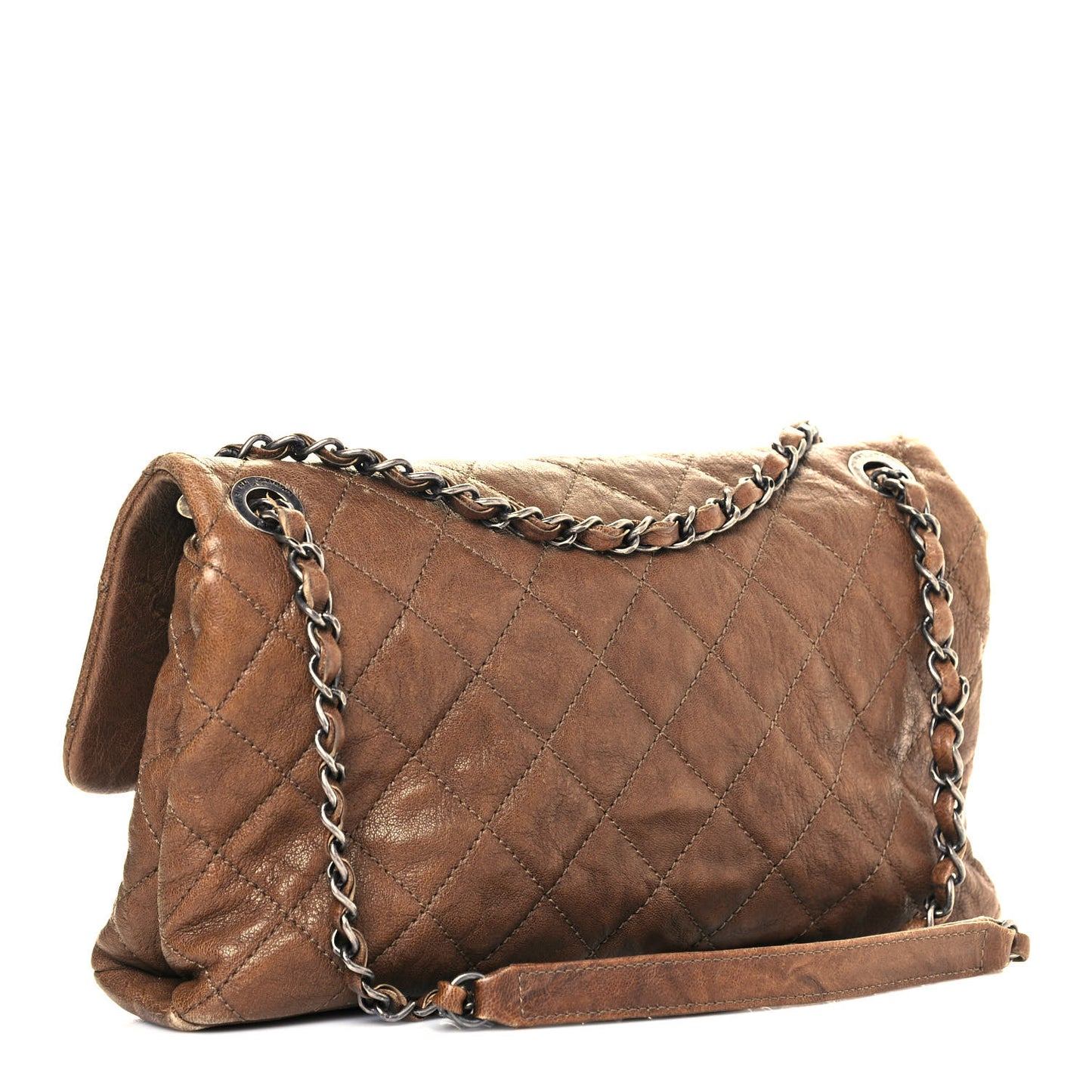 Crumpled Lambskin Quilted Medium Single Flap Khaki